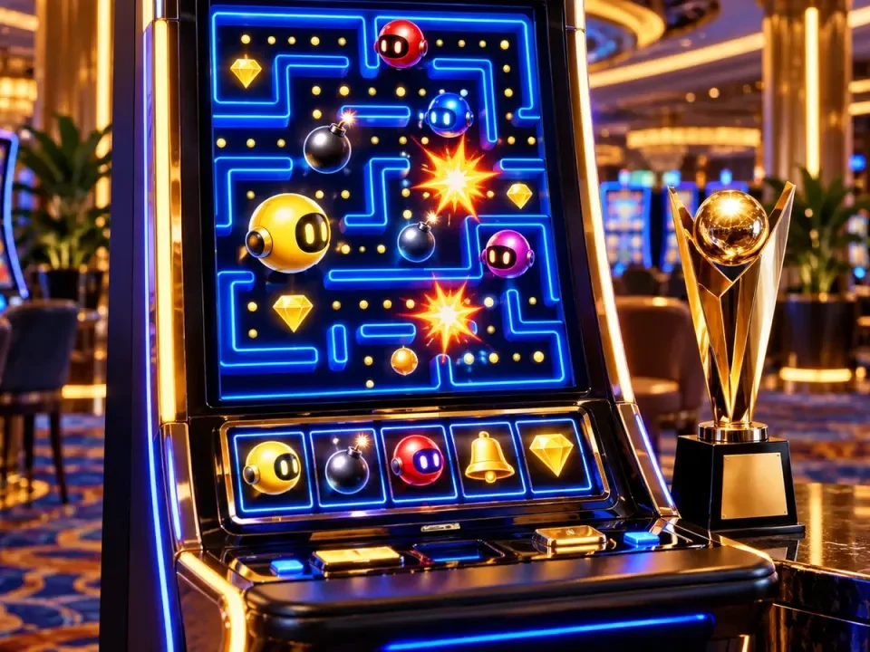 Tragamonedas de estilo arcade junto a un premio dorado en un casino