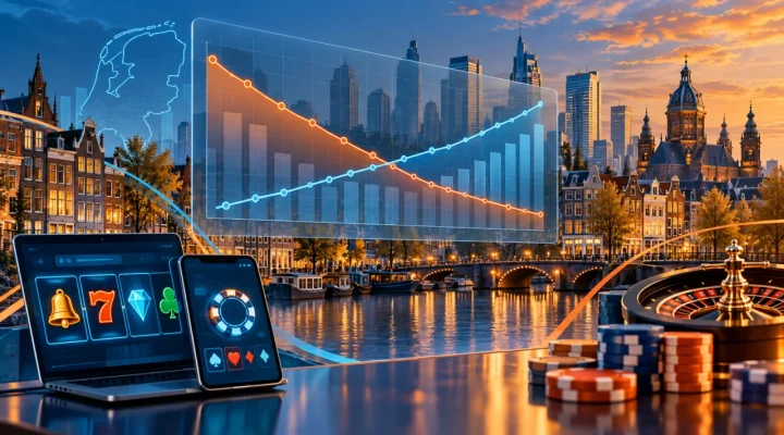 Dutch gambling market dashboard over an Amsterdam canal skyline