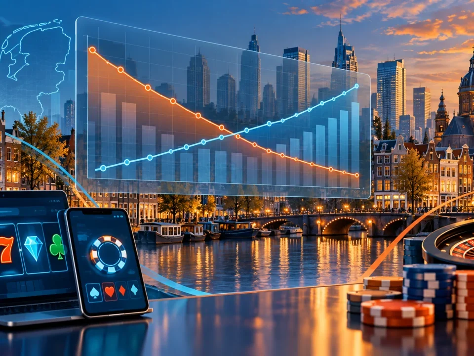 Dutch gambling market dashboard over an Amsterdam canal skyline