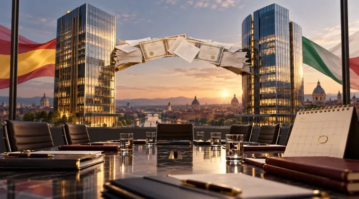 European office towers linked by merger documents above a boardroom