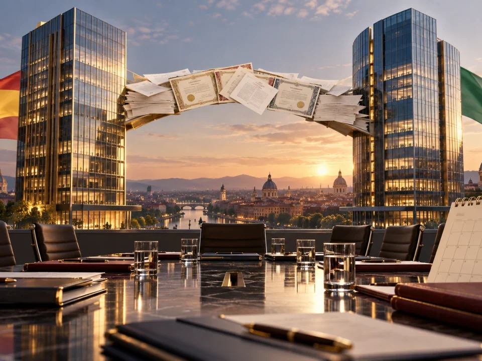 European office towers linked by merger documents above a boardroom