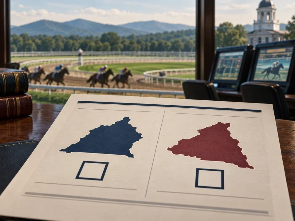 Conceptual Virginia ballot with two local choices beside a horse track and historical racing terminals