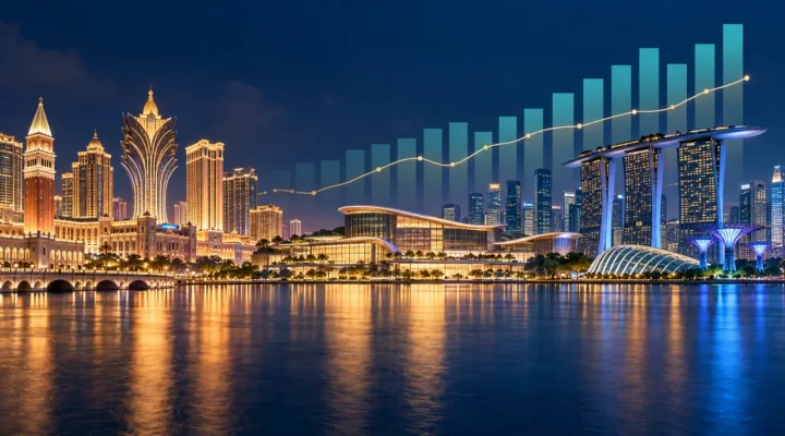 Ilustración de complejos urbanos de Macao y Singapur con un gráfico abstracto de resultados