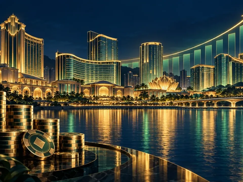 Illustrated Macau resort skyline with investment tokens and a rising ownership motif