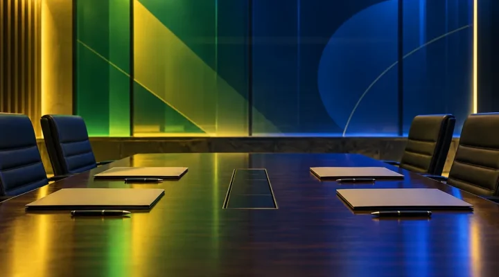 Empty policy negotiation table with plain folders under green, yellow and blue light