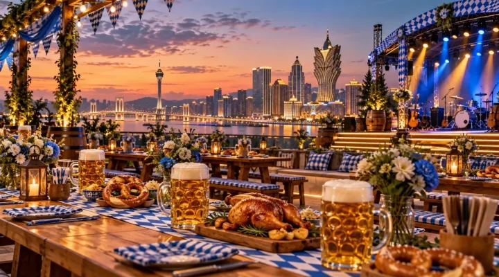 Ilustración generada de un festival de estilo bávaro en una terraza con vistas a Macao al anochecer