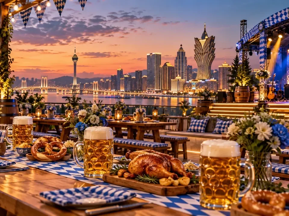 Ilustración generada de un festival de estilo bávaro en una terraza con vistas a Macao al anochecer