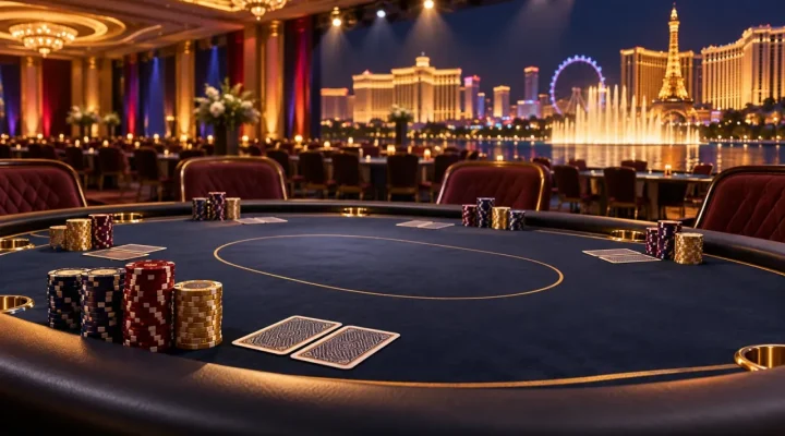 Mesa conceptual de torneo de póker en un elegante salón de un resort de Las Vegas