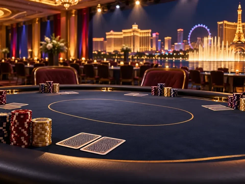 Mesa conceptual de torneo de póker en un elegante salón de un resort de Las Vegas