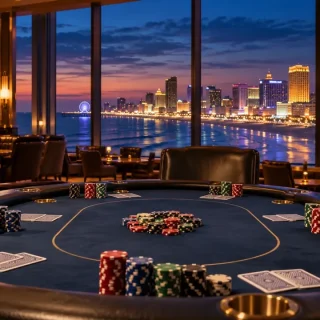 Generated illustration of a mixed-game poker table overlooking Atlantic City