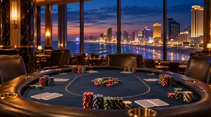 Generated illustration of a mixed-game poker table overlooking Atlantic City