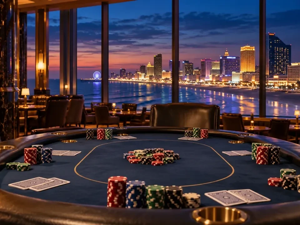 Generated illustration of a mixed-game poker table overlooking Atlantic City