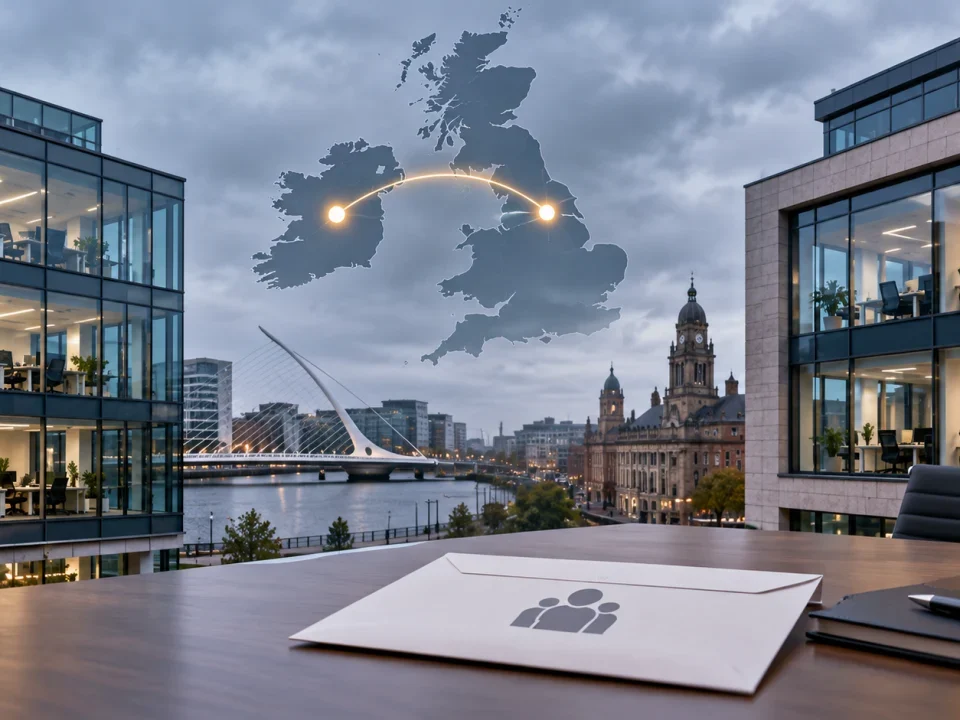 Empty offices in Leeds and Dublin connected on a map beside a workforce consultation envelope