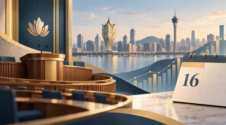 Una cámara legislativa ilustrada con vistas a Macao, un calendario del 16 de noviembre y un gráfico financiero
