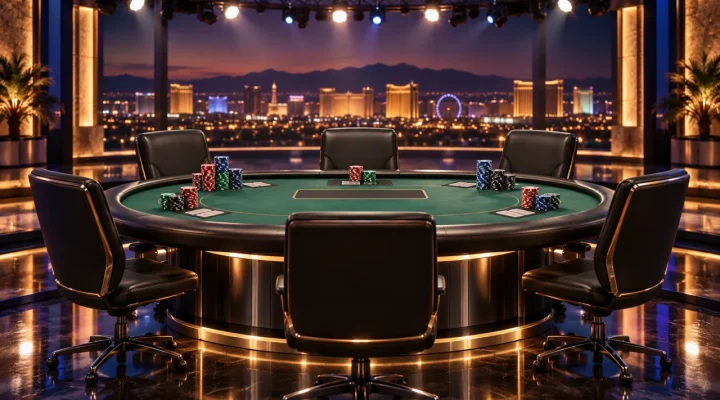 Conceptual six-seat televised poker final table in Las Vegas