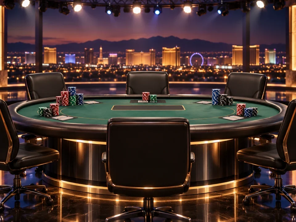 Conceptual six-seat televised poker final table in Las Vegas