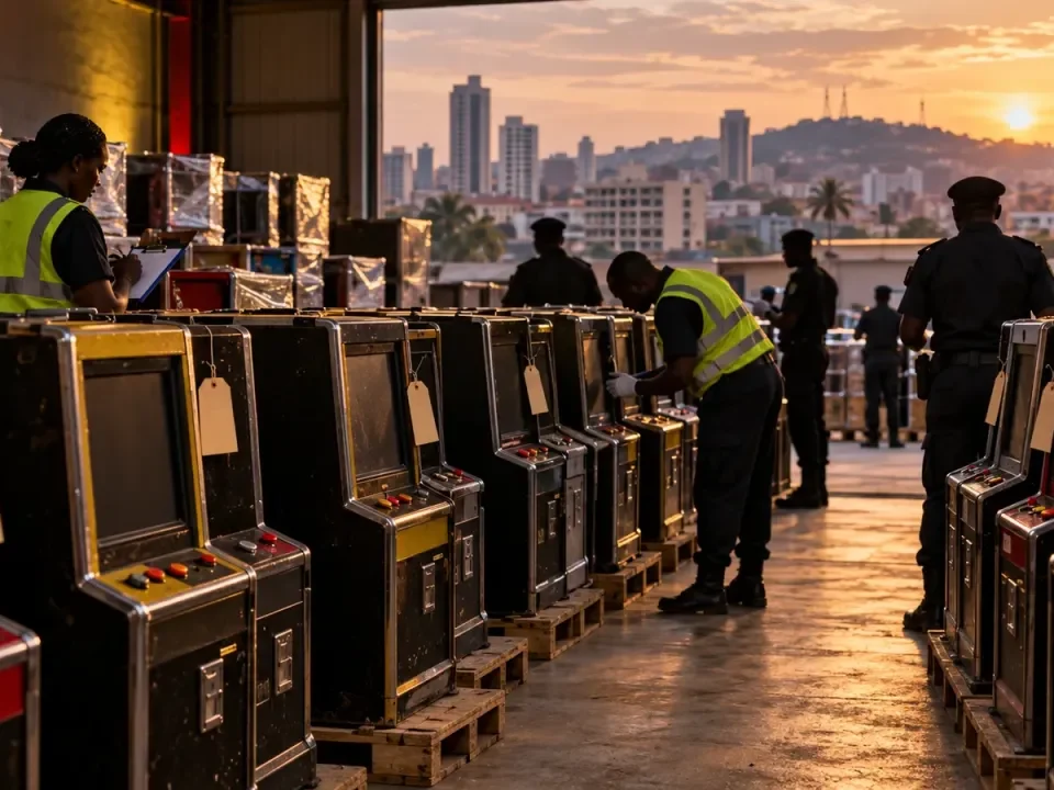 Generated illustration of Ugandan enforcement officers inspecting rows of seized gaming machines