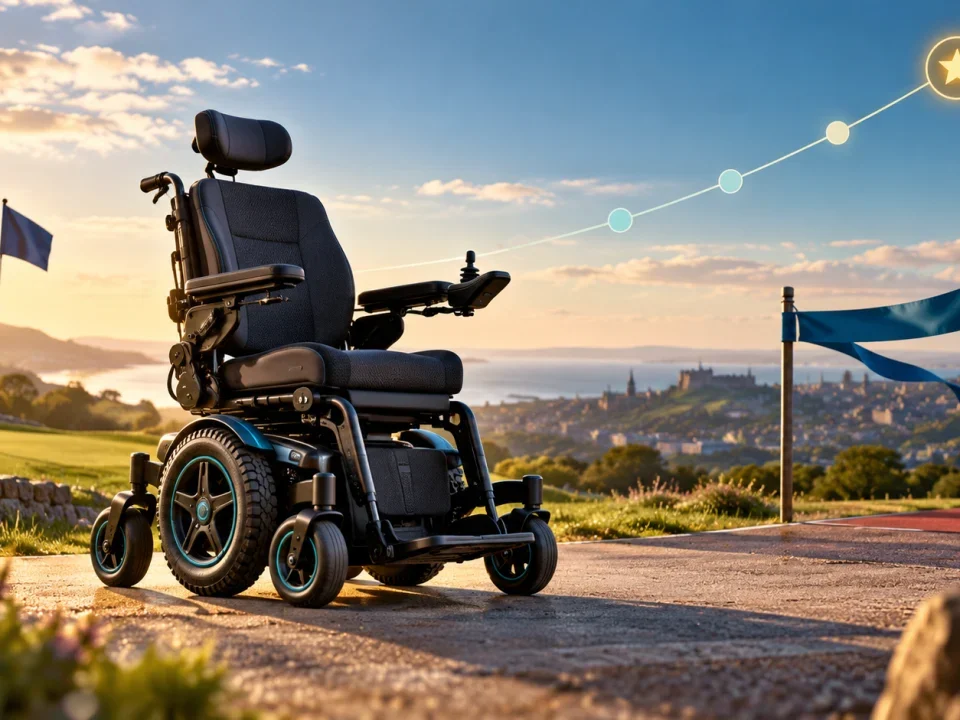 Una silla de ruedas eléctrica junto a un campo de golf y una cinta de meta al atardecer