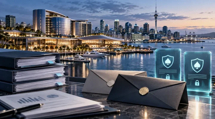 Complejo turístico conceptual frente al mar en Auckland con archivos de diligencia debida y dos símbolos de licencias digitales