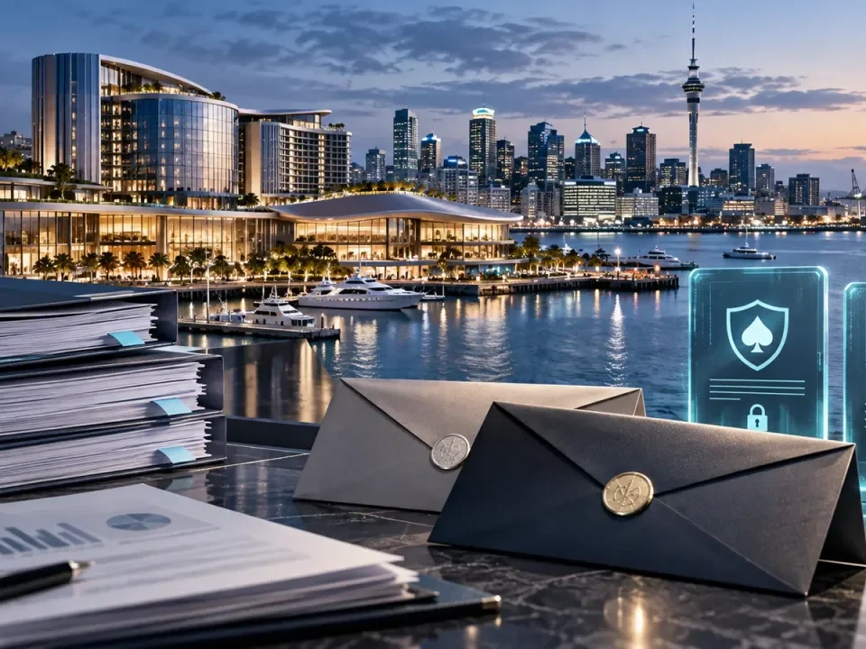 Complejo turístico conceptual frente al mar en Auckland con archivos de diligencia debida y dos símbolos de licencias digitales