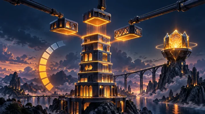 Torre futurista ensamblada por tres brazos junto a un arco de progreso y una cámara de bonificación