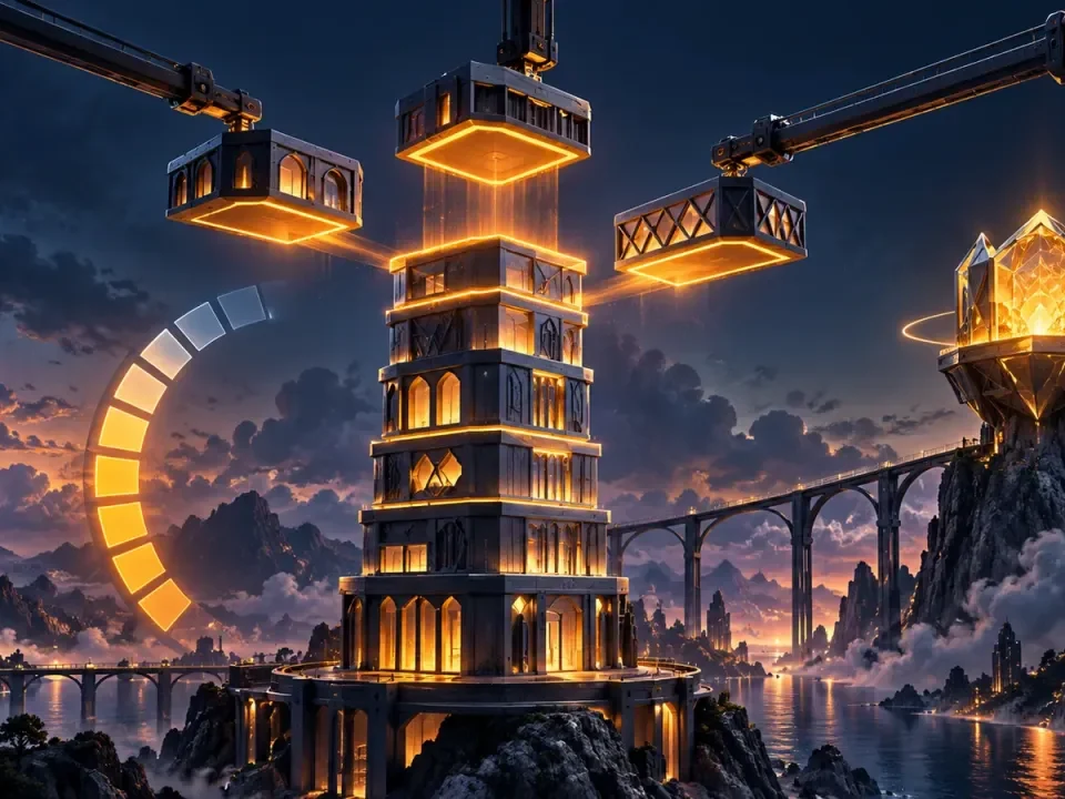 Torre futurista ensamblada por tres brazos junto a un arco de progreso y una cámara de bonificación