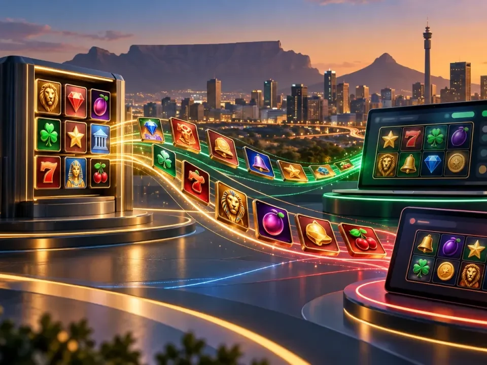 Illustration of slot-game content flowing between digital platforms above a South African city