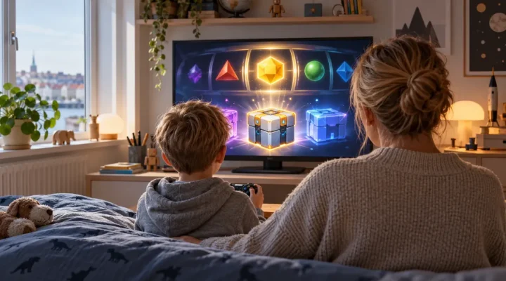 Una madre y su hijo observan cajas de recompensa aleatoria en un videojuego dentro de un dormitorio danés