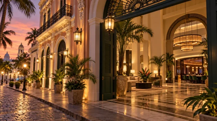 Restored Caribbean colonial hotel facade opening into a modern lobby