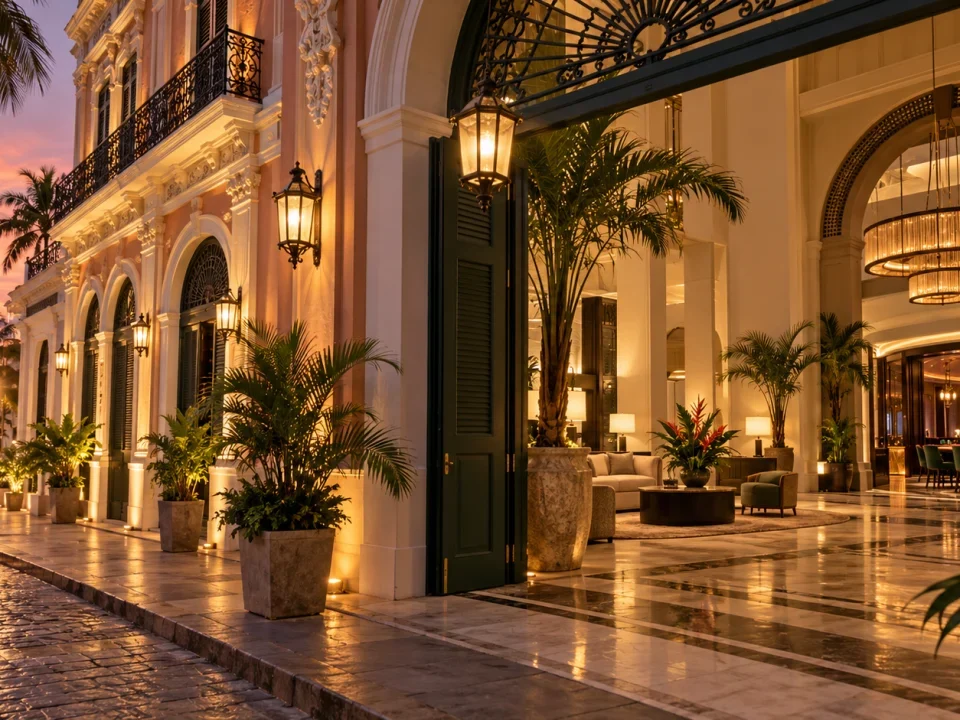 Restored Caribbean colonial hotel facade opening into a modern lobby