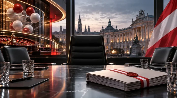 Sala de juntas austriaca generada con una silla ejecutiva vacía, motivos de casino y lotería y un expediente de concesión sellado