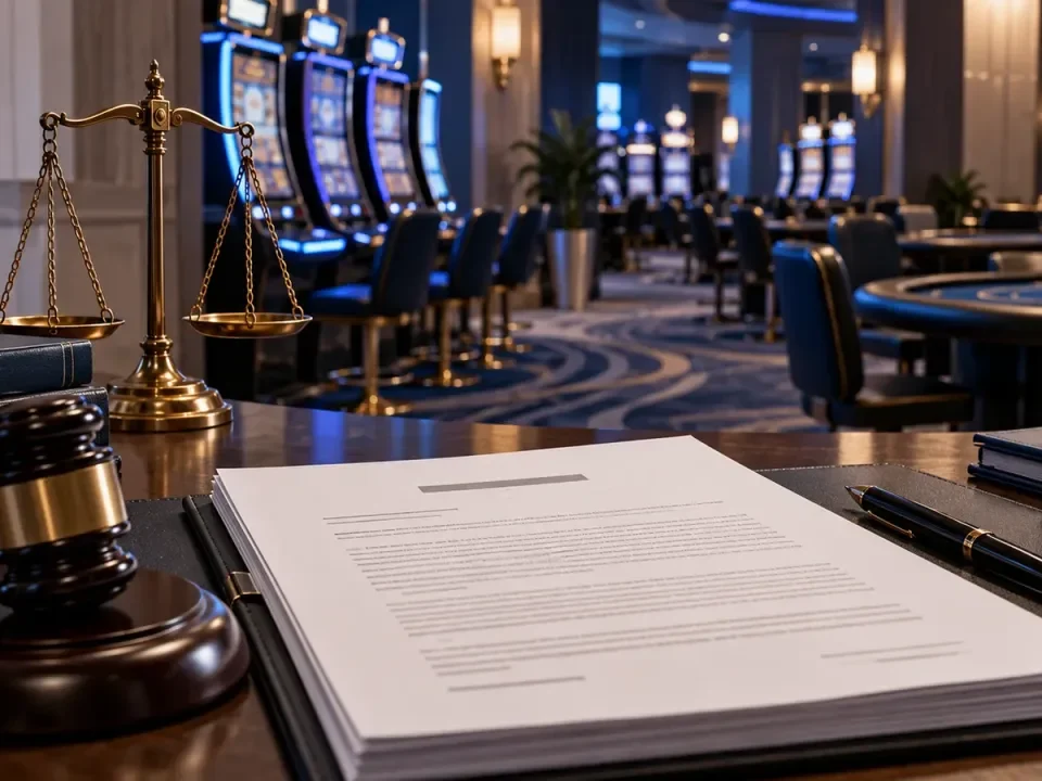 Ilustración de un proyecto de regulación de casinos sobre un escritorio jurídico junto a una sala de juego física
