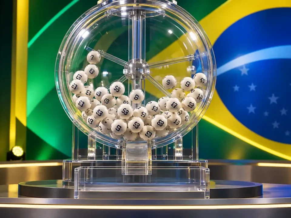 Ilustración de una máquina de sorteo llena de bolas numeradas bajo luces con los colores de Brasil