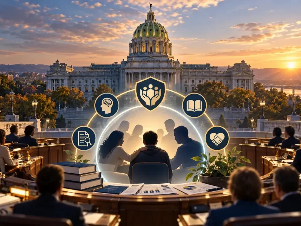 Ilustración de legisladores de Pensilvania alrededor de un foro protegido de apoyo frente al juego problemático