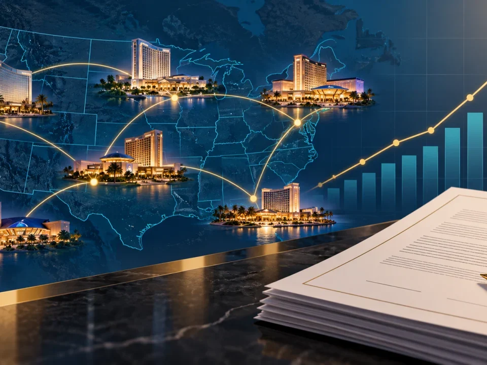 Cartera de complejos de casino sobre un mapa de Estados Unidos junto a un gráfico financiero ascendente