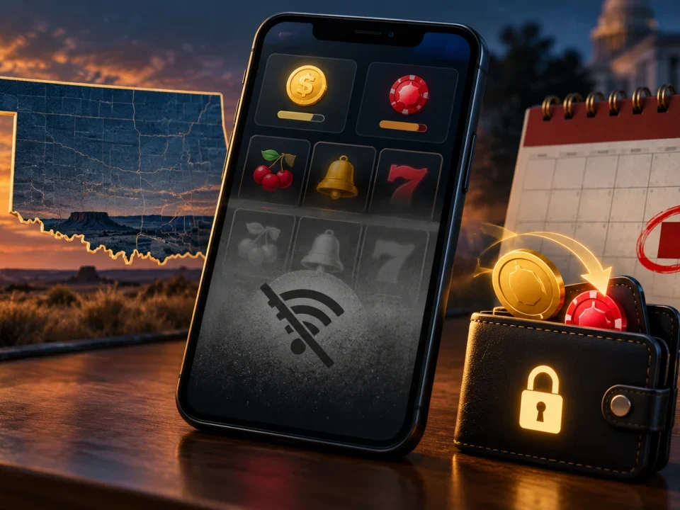 Illustration of an Oklahoma sweepstakes gaming app going offline beside a withdrawal wallet and deadline calendar
