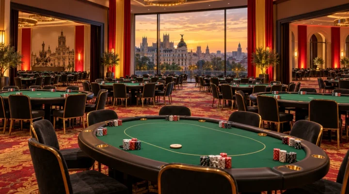 Gran sala vacía de torneo de póker en Madrid preparada con filas de mesas
