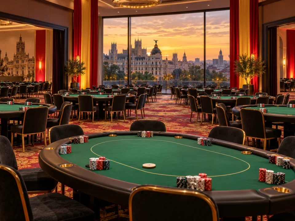 Gran sala vacía de torneo de póker en Madrid preparada con filas de mesas