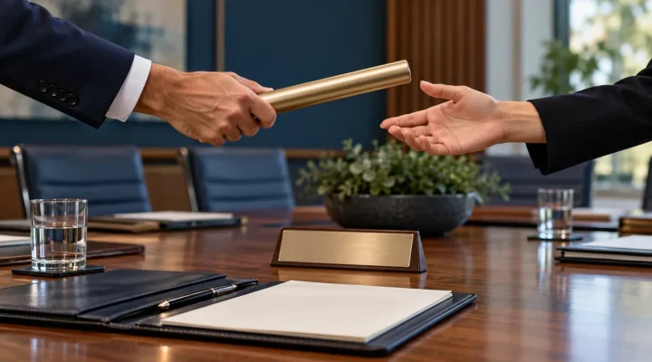 Dos personas entregan un testigo de liderazgo sobre una mesa de reuniones
