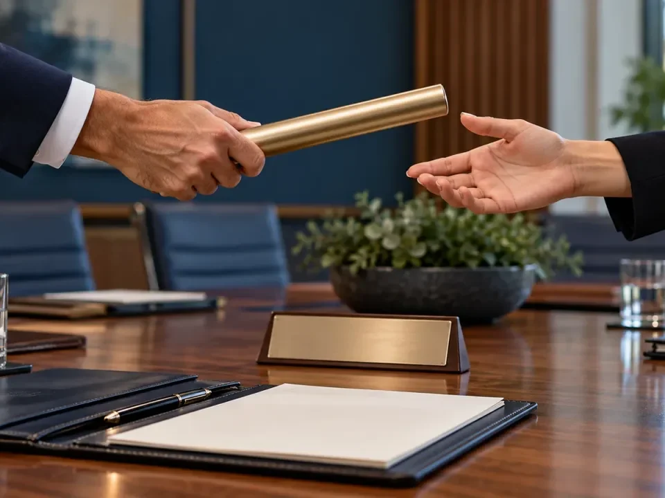 Dos personas entregan un testigo de liderazgo sobre una mesa de reuniones