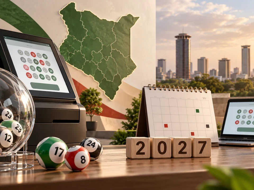Terminal de lotería ilustrado, bolas numeradas y mapa de Kenia junto a un calendario de 2027