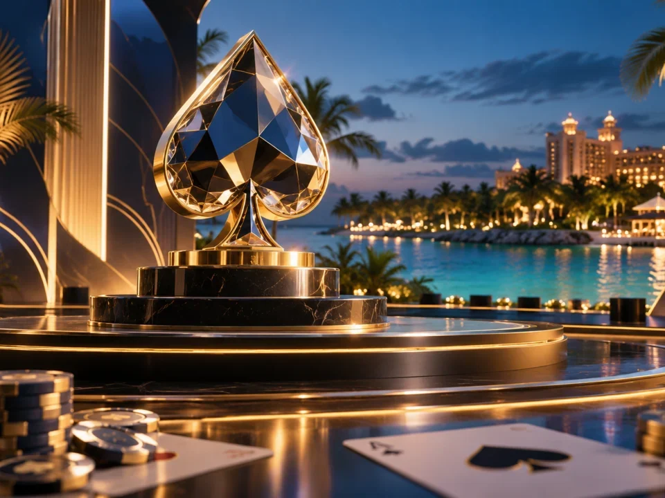 Faceted poker trophy on a stage beside a tropical resort