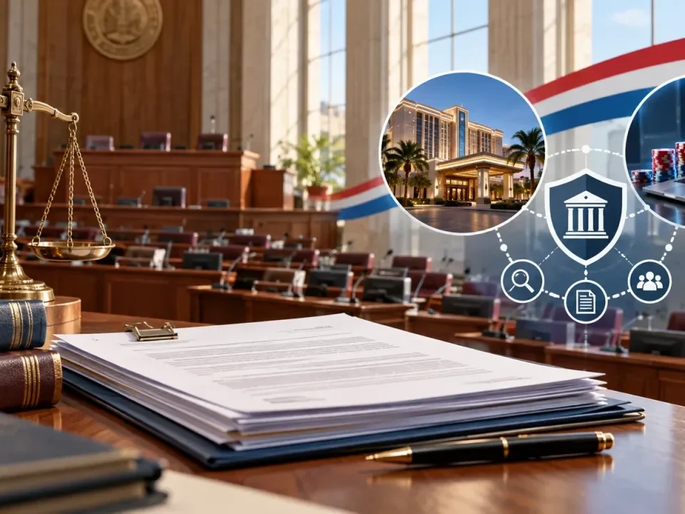 Legislative chamber with regulatory documents and gambling oversight symbols