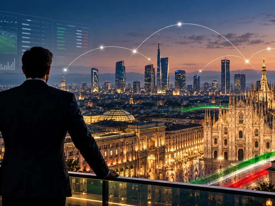 Anonymous business executive overlooking Milan with digital sales networks