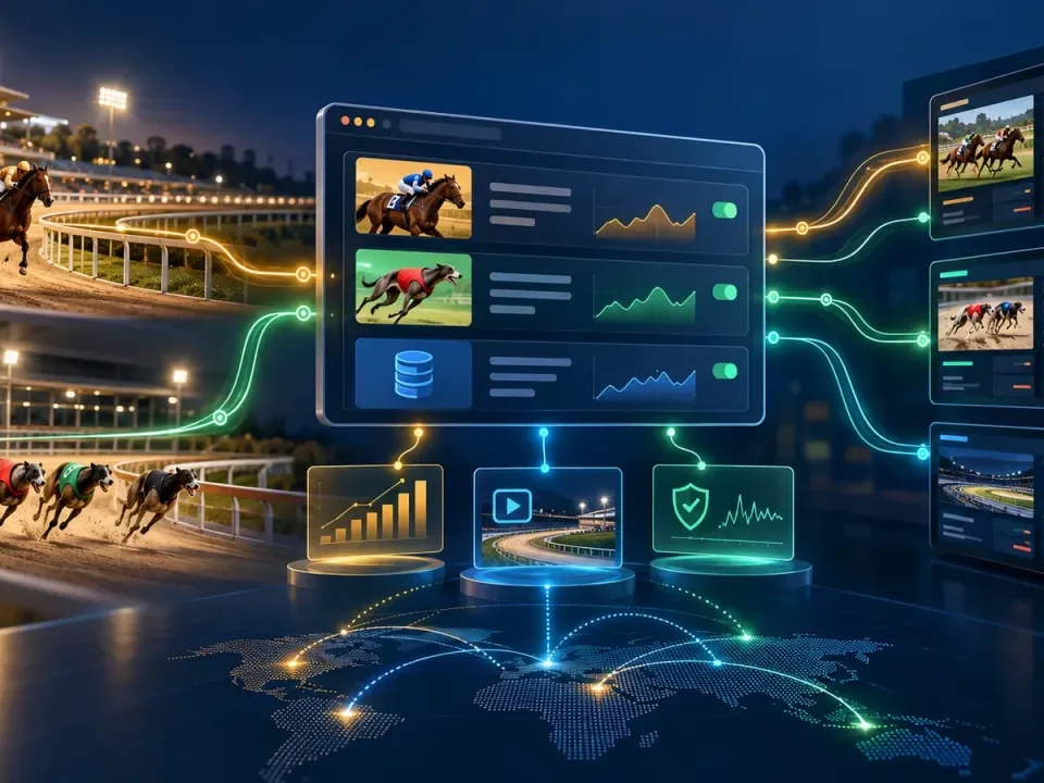 Illustration of horse and greyhound racing data connecting to sportsbook platforms through digital interfaces