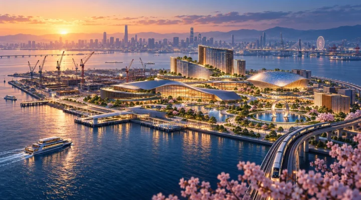 Conceptual waterfront integrated resort under construction on an Osaka island