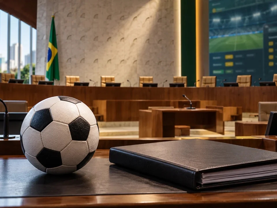 Football and legal folder in a Brazilian court chamber