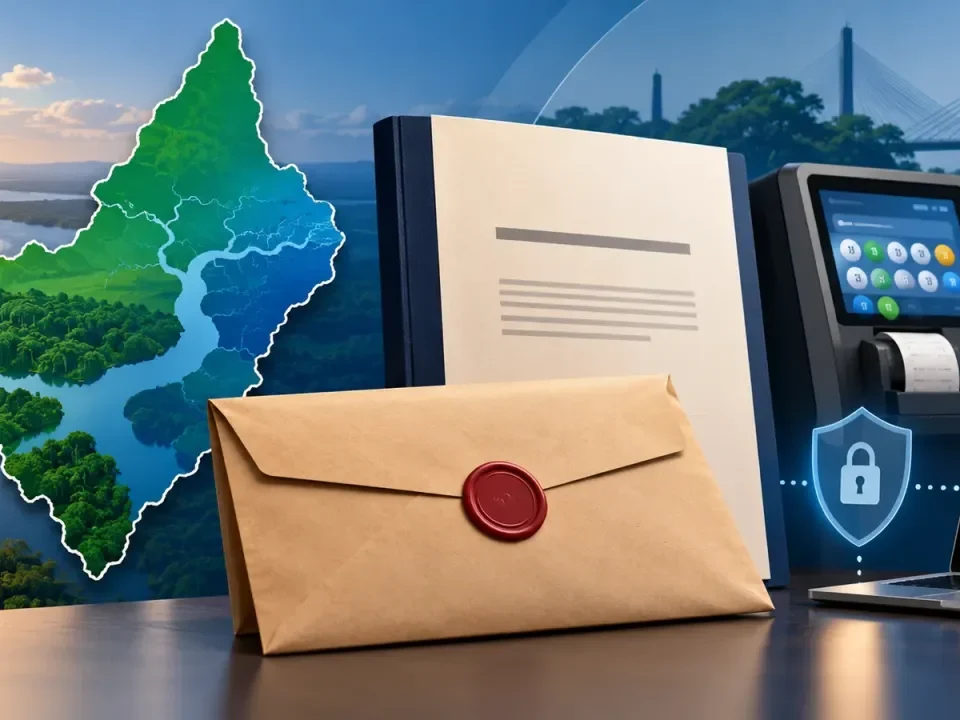 Illustration of Amapá beside a sealed lottery concession bid and digital lottery terminals
