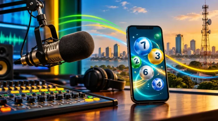 Generated illustration of a radio studio microphone beside a mobile lottery interface
