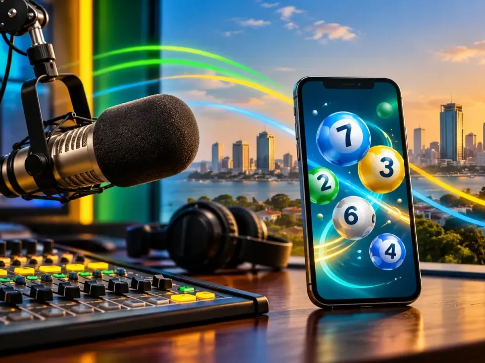 Generated illustration of a radio studio microphone beside a mobile lottery interface